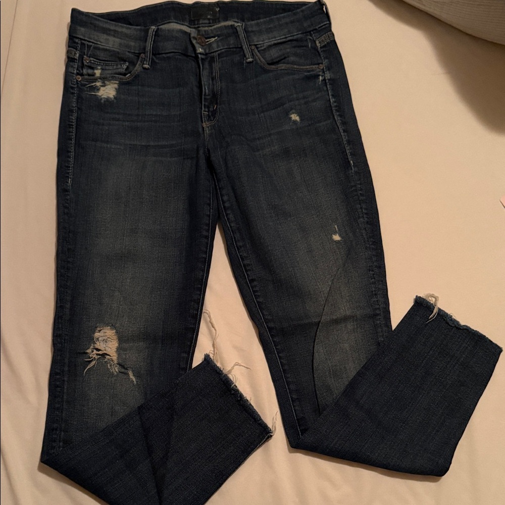 MOTHER Dark Blue Distressed Skinny Jeans